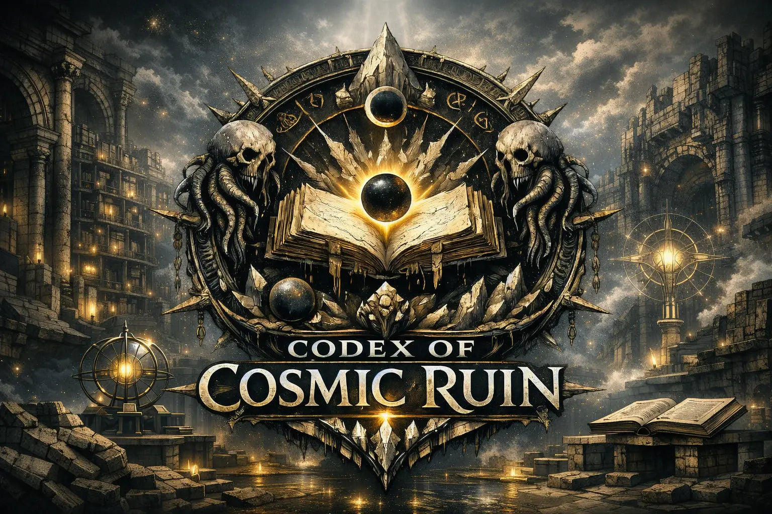 Ancient cosmic book glowing in a gothic ruin with skulls and arcane symbols, representing the full Rift Walkers Inc catalog