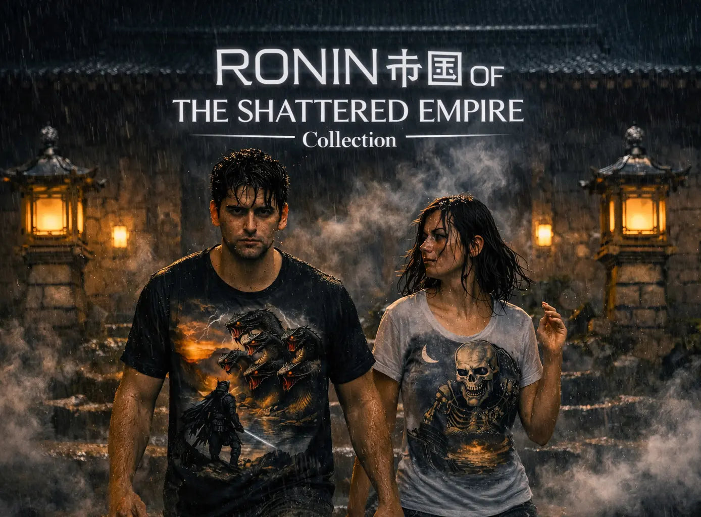 Two models in the rain wearing dark‑fantasy warrior and skeleton graphic tees, showcasing the full Ronin: The Shattered Empire Collection