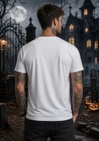Person facing away wearing a plain white T‑shirt in a spooky Halloween scene with a gothic mansion, full moon and glowing pumpkins