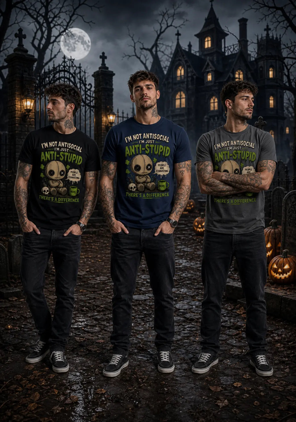 Three people wearing anti‑stupid chibi voodoo doll T‑shirts in a spooky gothic Halloween scene with pumpkins and a full moon
