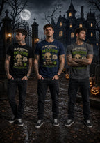 Three people wearing anti‑stupid chibi voodoo doll T‑shirts in a spooky gothic Halloween scene with pumpkins and a full moon