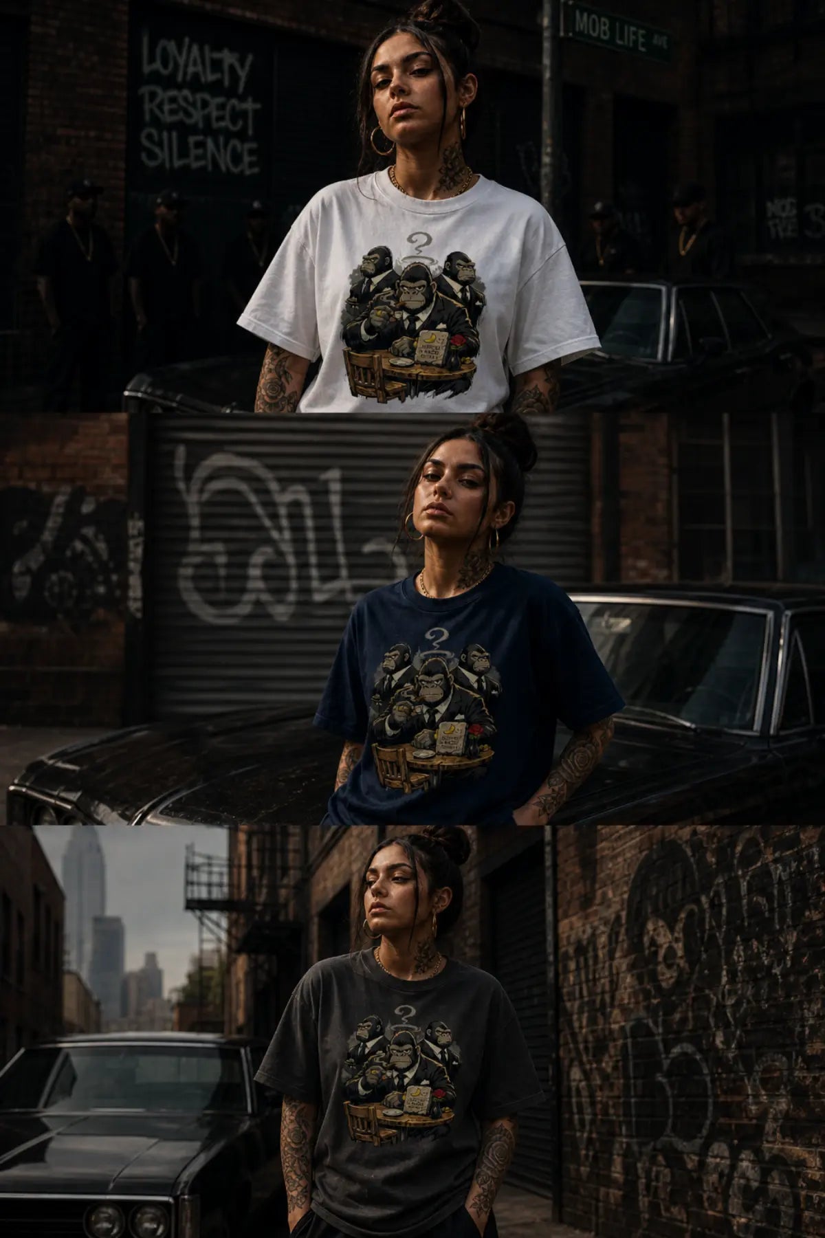 Three‑panel collage of a person wearing The Ape Father gorilla mob boss tee in a gritty graffiti alley with vintage car and urban lighting