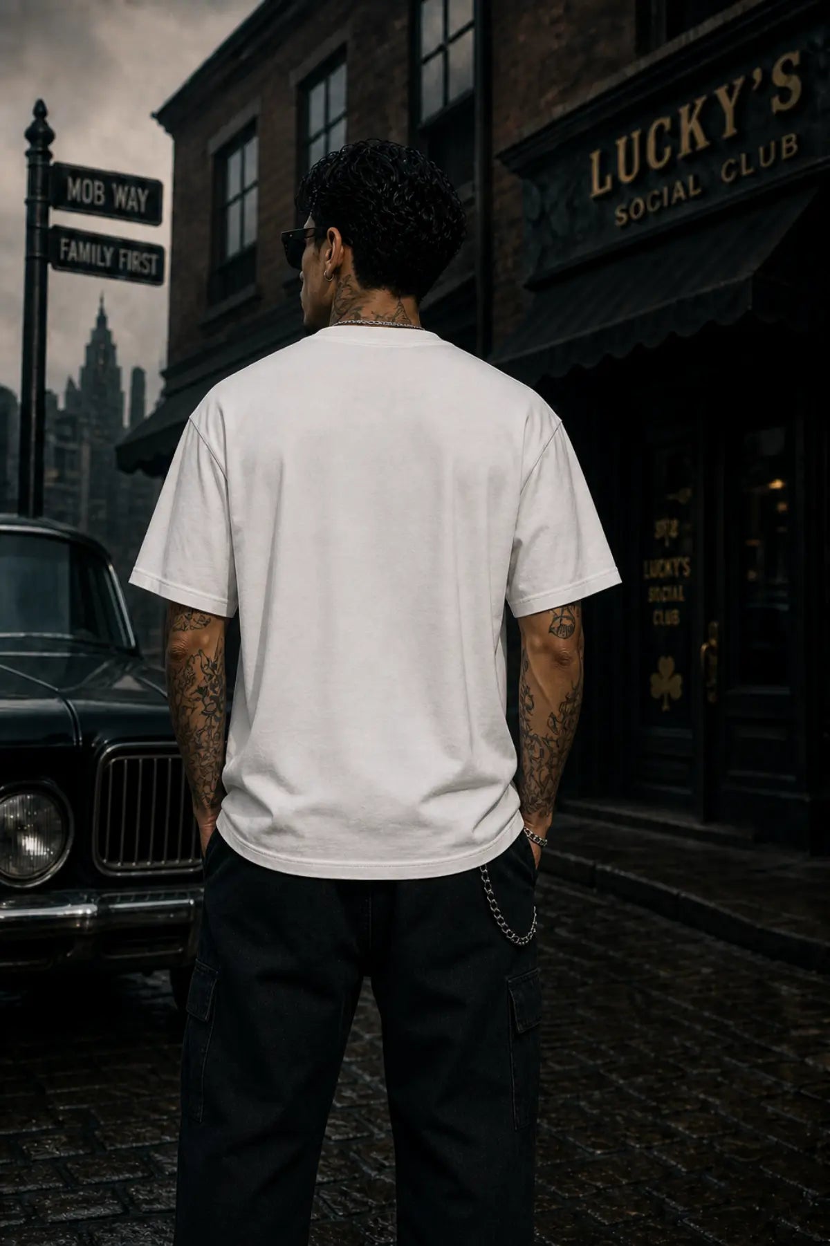A man seen from behind in a white T‑shirt and black pants standing on a city street before a brick building with a Lucky’s Social Club sign.