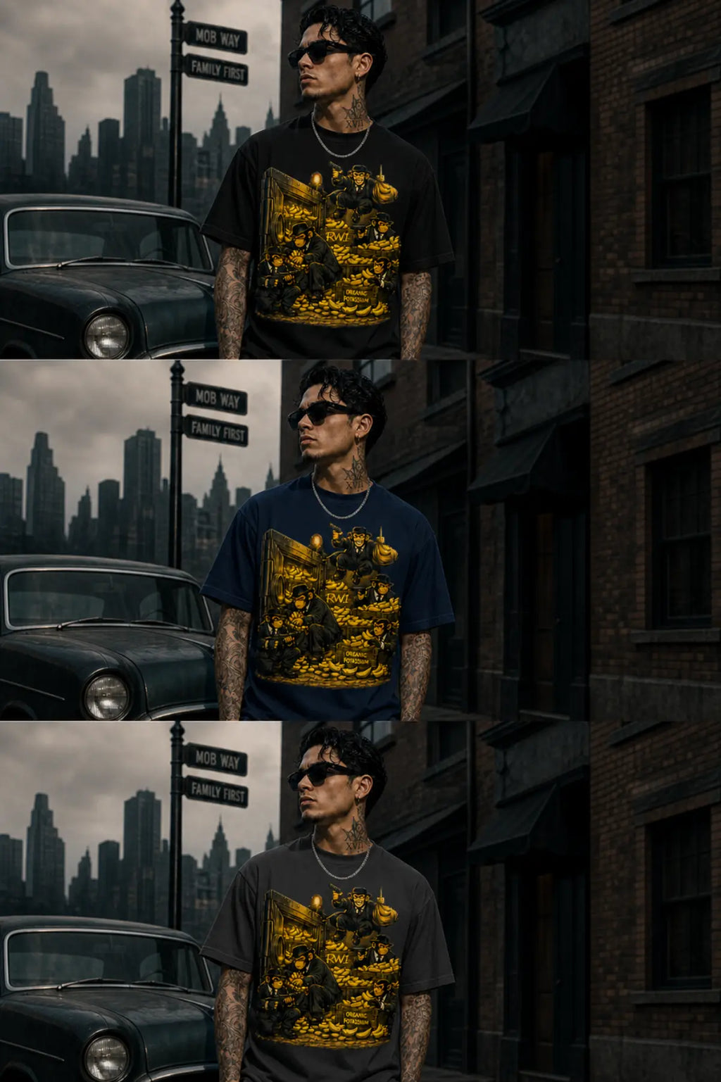 Three stacked photos of a man wearing a black T‑shirt with a yellow‑gold graphic in a moody urban street with brick buildings and a vintage car.