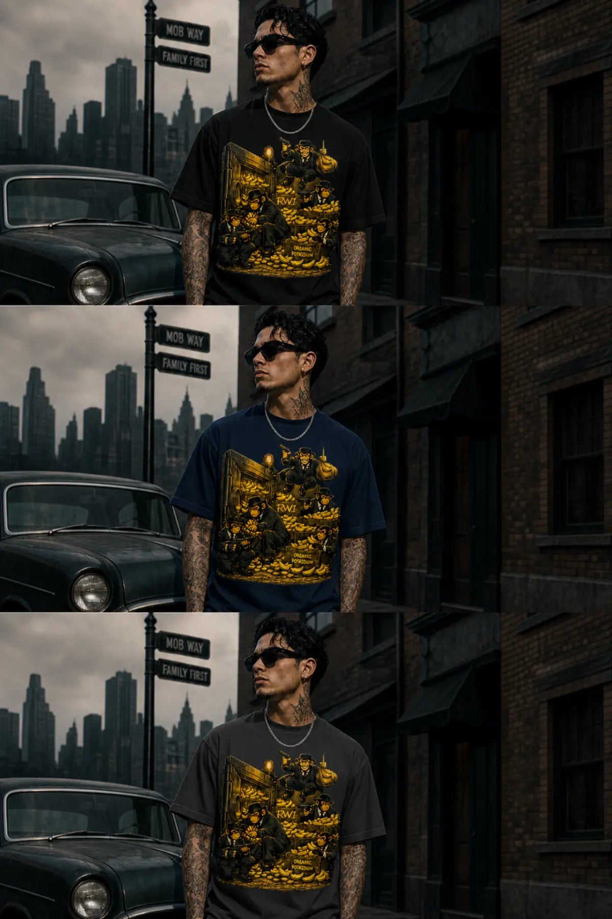Three stacked photos of a man wearing a black T‑shirt with a yellow‑gold graphic in a moody urban street with brick buildings and a vintage car.