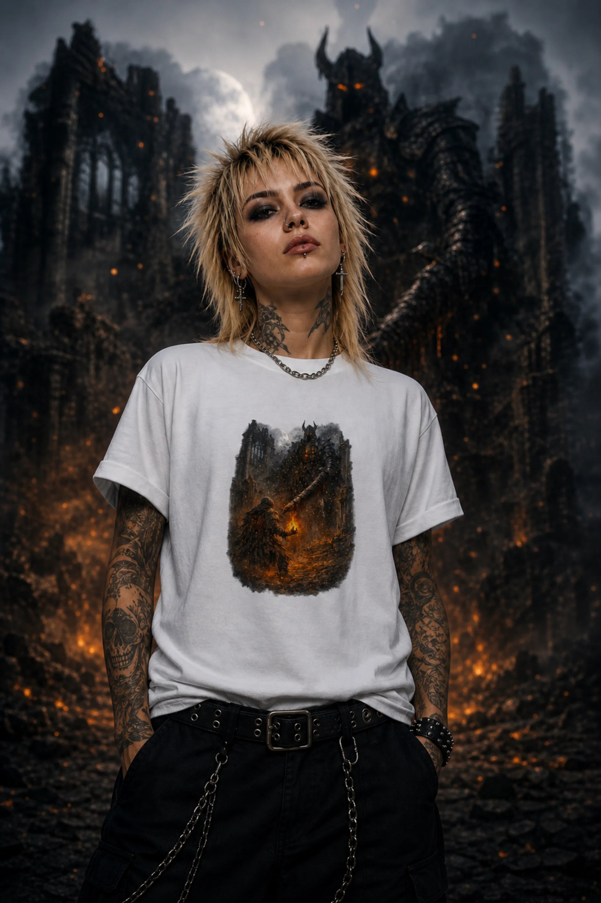 Punk woman with blond hair and tattoos wearing a white fantasy tee before a towering demonic figure in a smoky gothic ruin