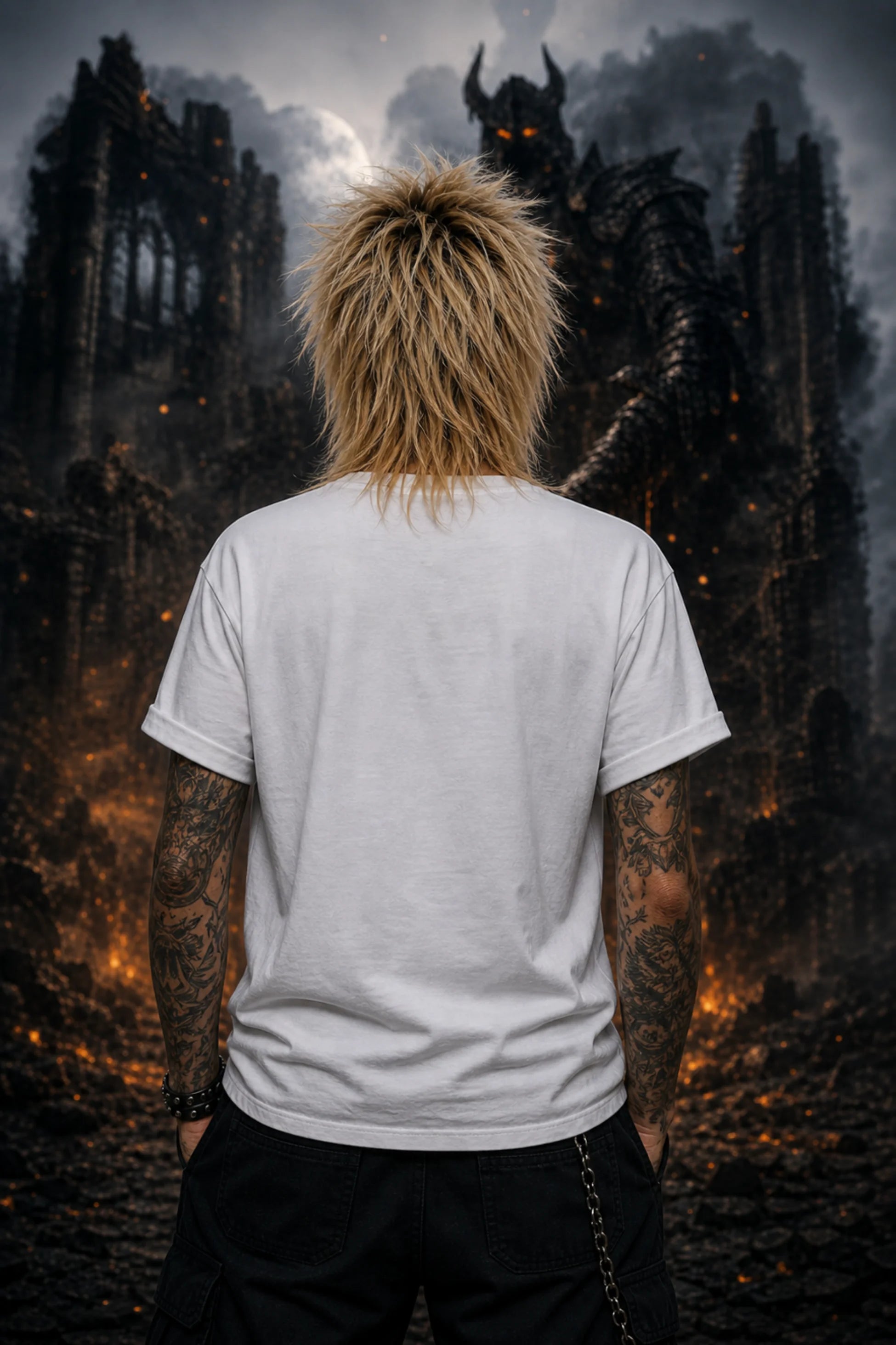 Punk woman with spiky blond hair and tattoos standing in a white tee facing a massive horned demon amid smoky ruined gothic ruins