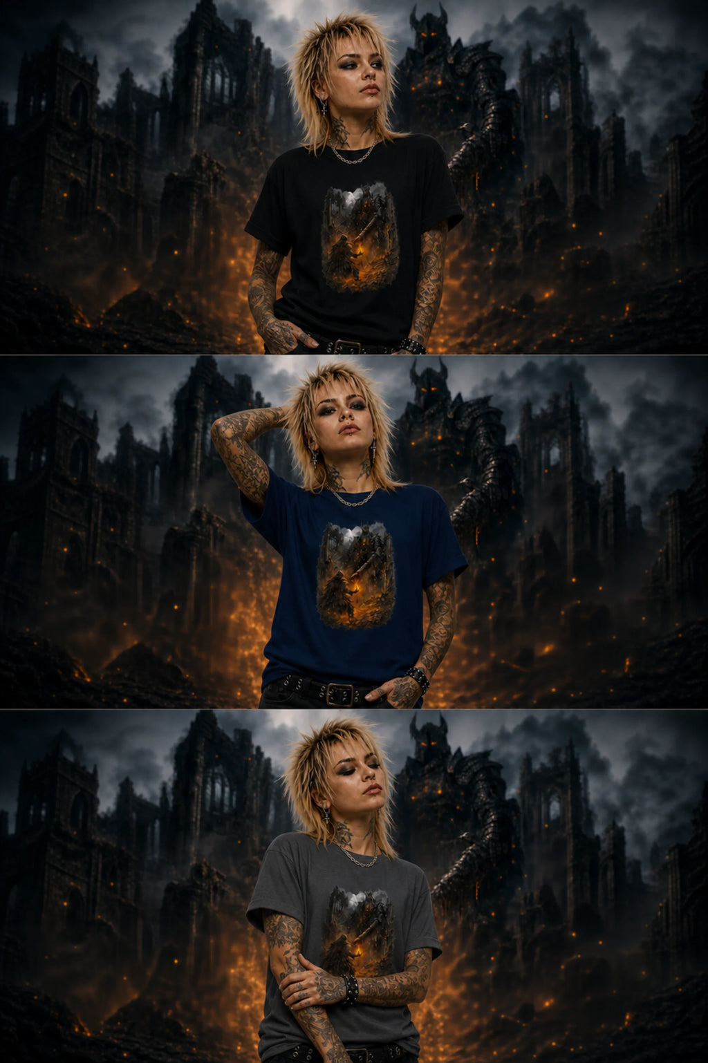 Three stacked views of a punk woman modeling black, navy and gray fantasy tees before a fiery ruined gothic scene with a looming demon