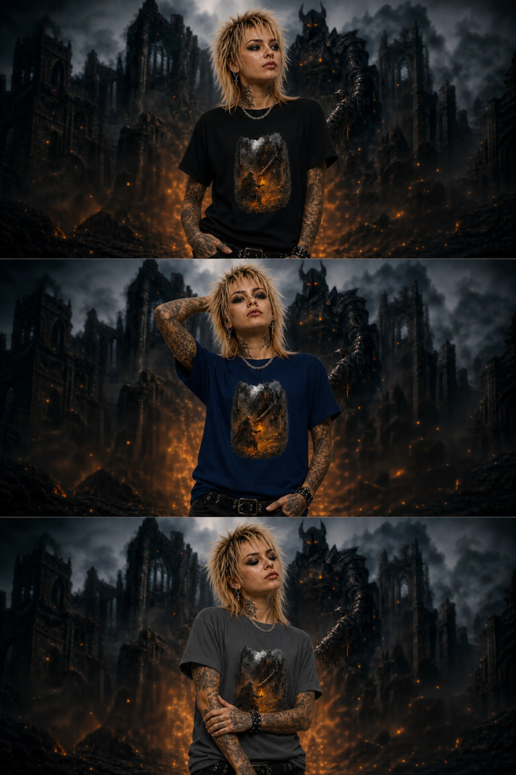 Three stacked views of a punk woman modeling black, navy and gray fantasy tees before a fiery ruined gothic scene with a looming demon