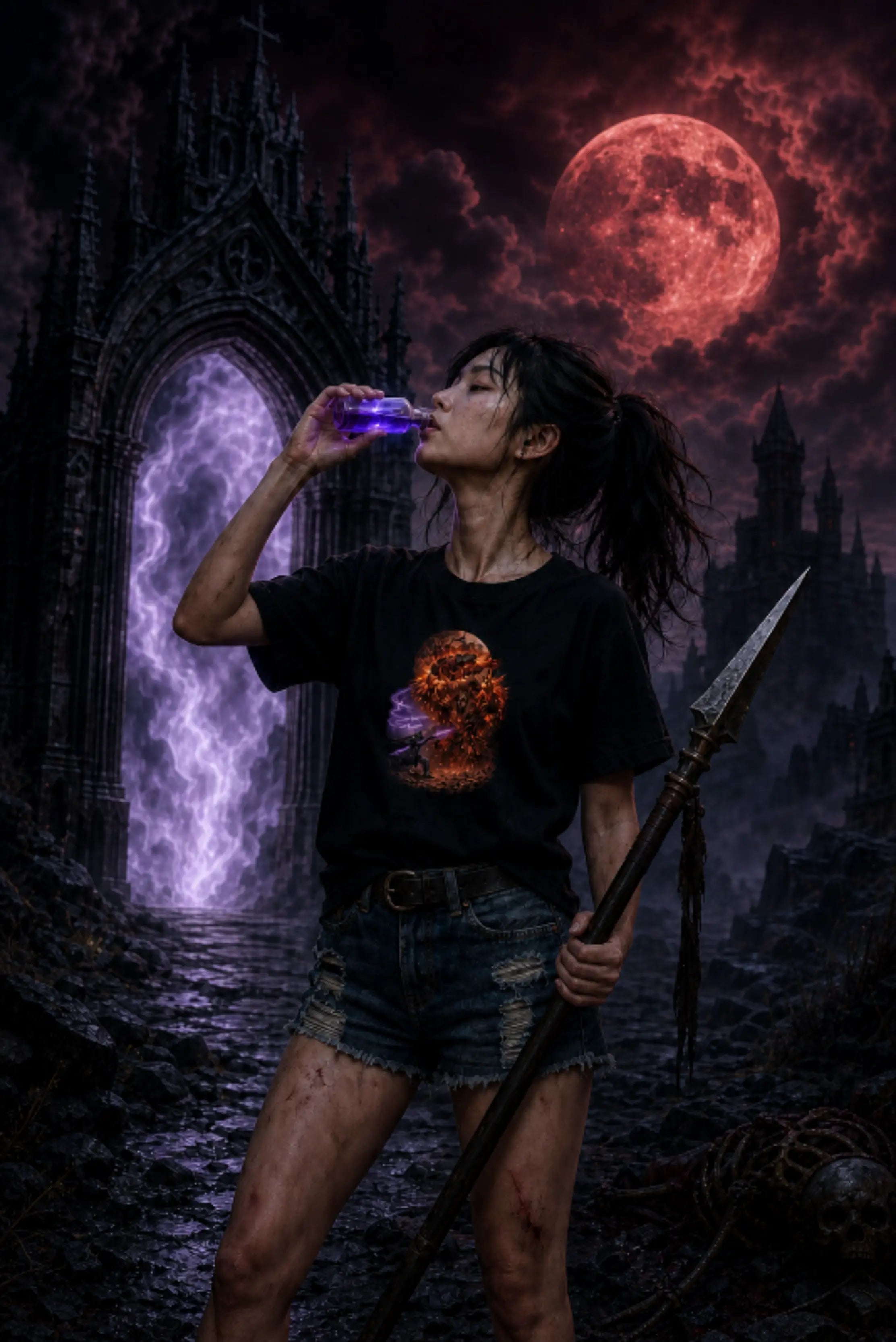 Person drinking from a purple cup with a dark, fantasy-themed background featuring a castle and moon.