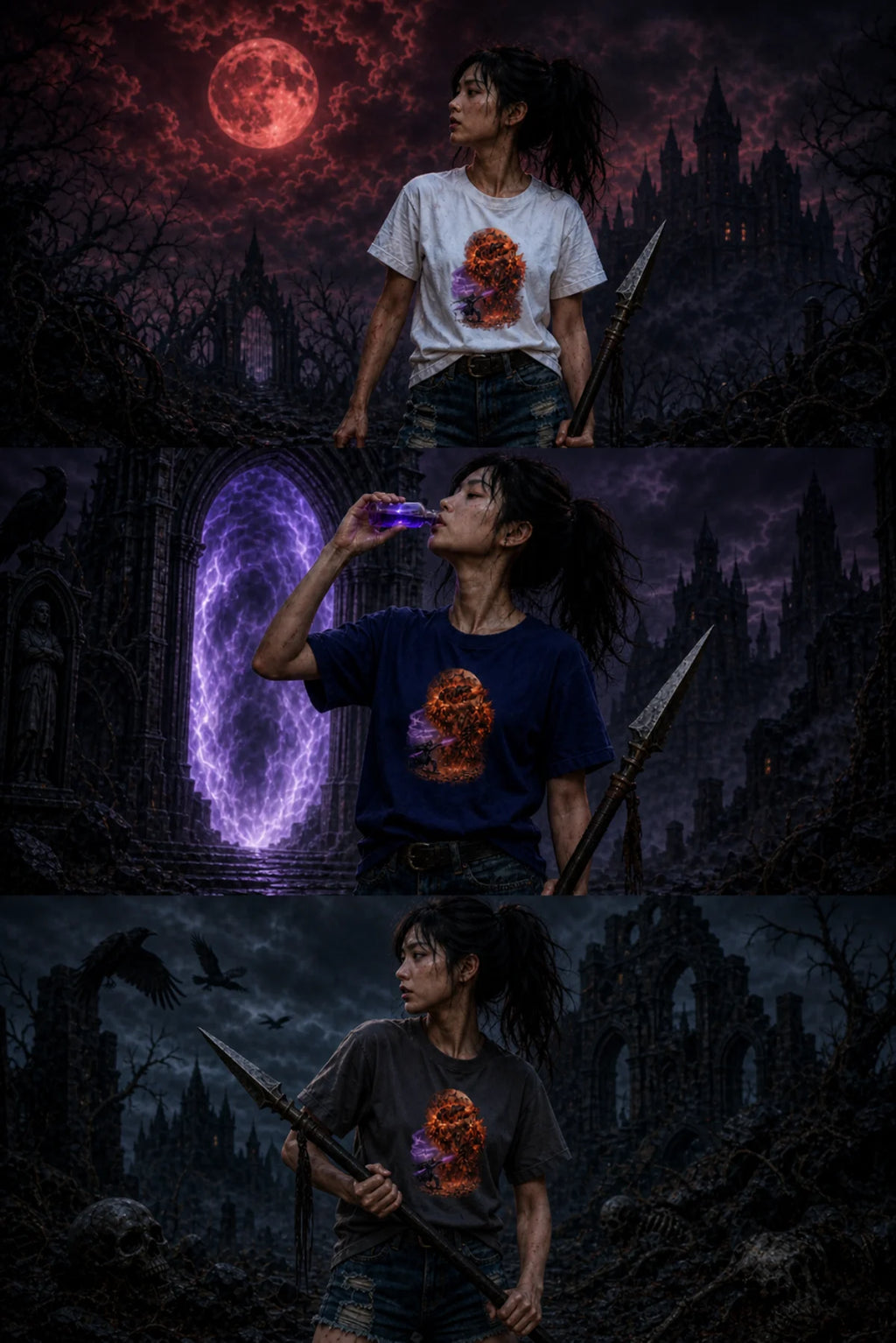 A gothic fantasy woman wearing the same fiery‑graphic T‑shirt in white, navy, and dark gray across three collage panels.