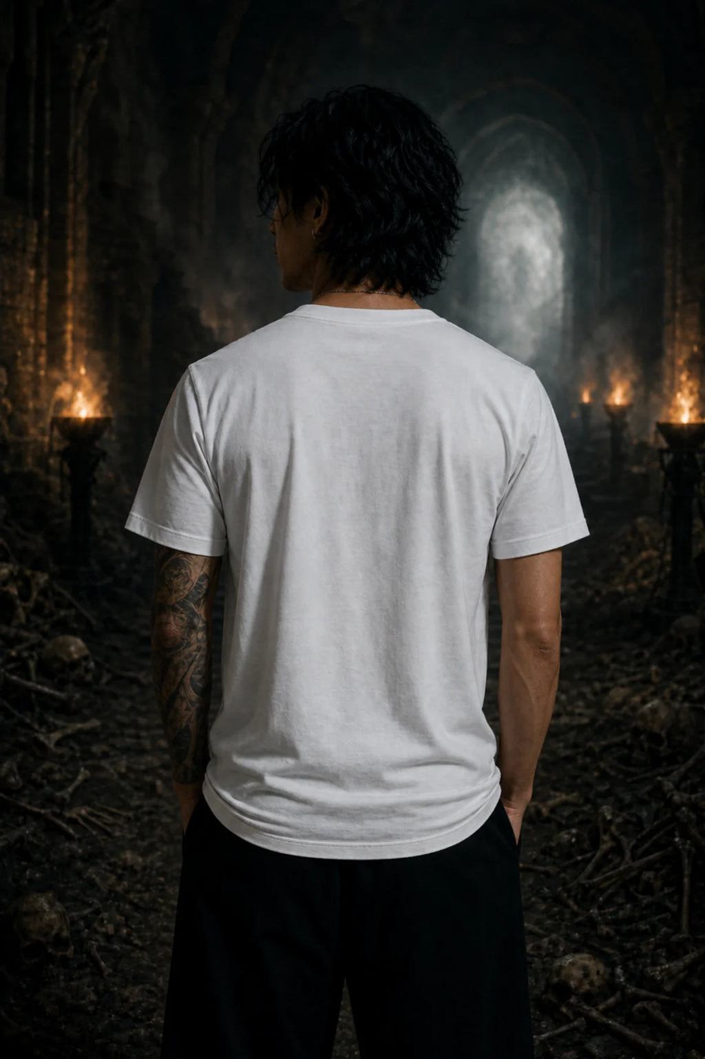 Person seen from behind in a plain white tee standing in a dim gothic corridor lit by torches with bones scattered on the floor