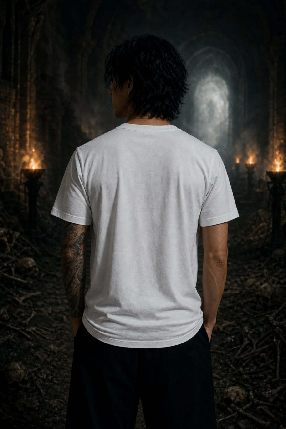 Person seen from behind in a plain white tee standing in a dim gothic corridor lit by torches with bones scattered on the floor