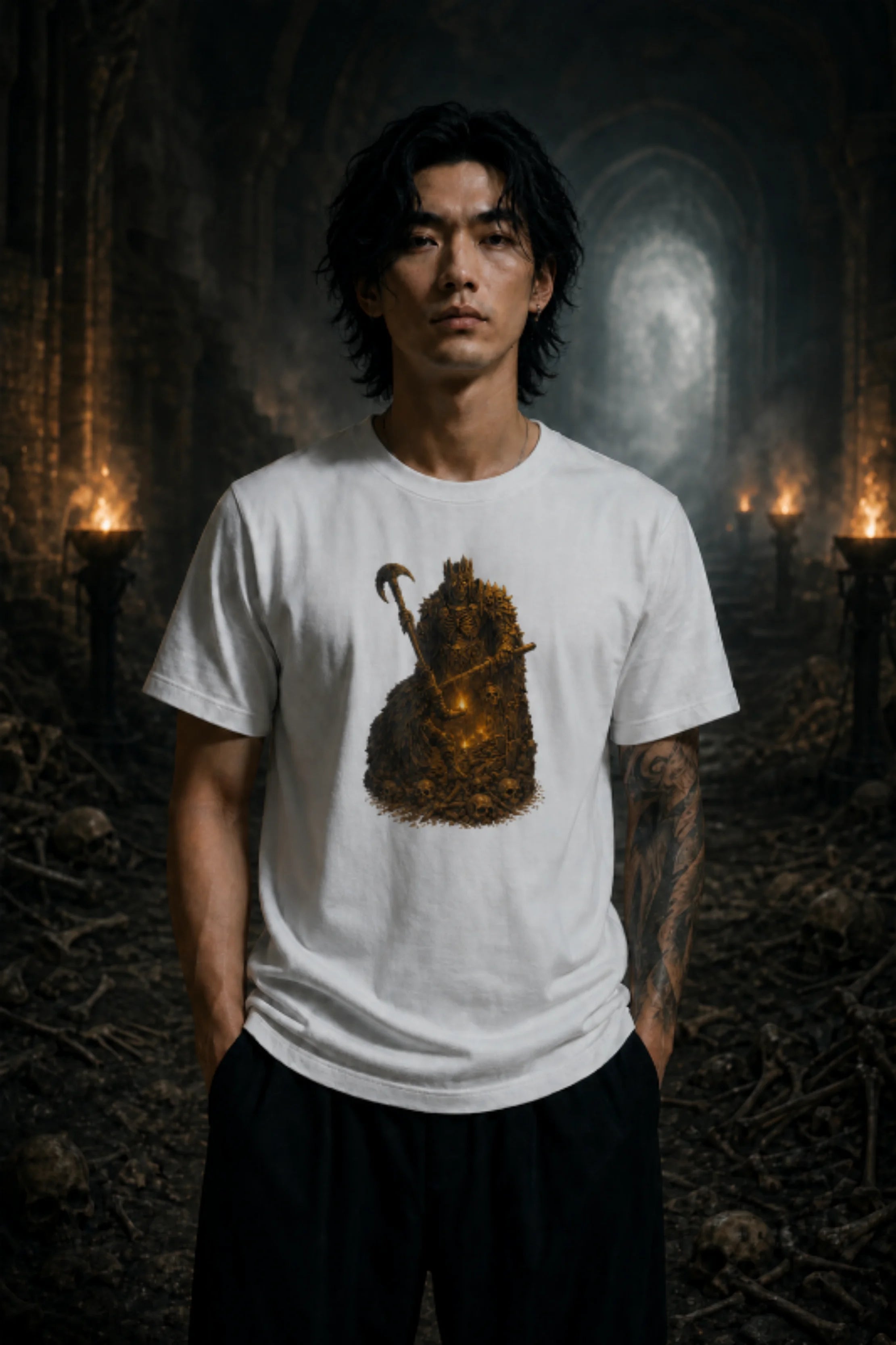 Person wearing a crowned necromancer fantasy tee standing in a torch‑lit ancient stone hall with bones and dark atmospheric shadows