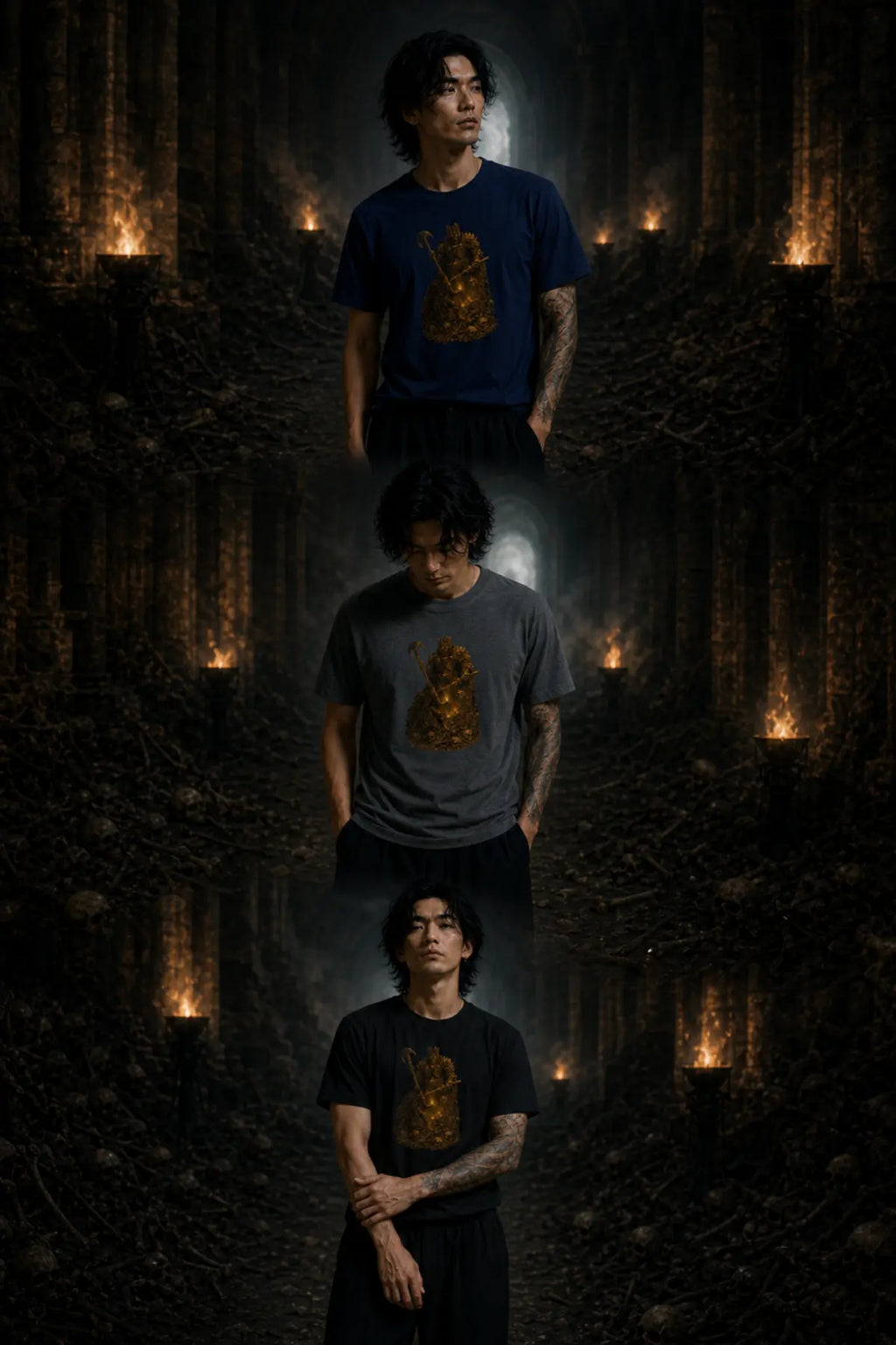 Three‑panel collage of a person wearing a souls‑like dark fantasy tee in a torch‑lit stone corridor with dramatic shadows and ancient atmosphere