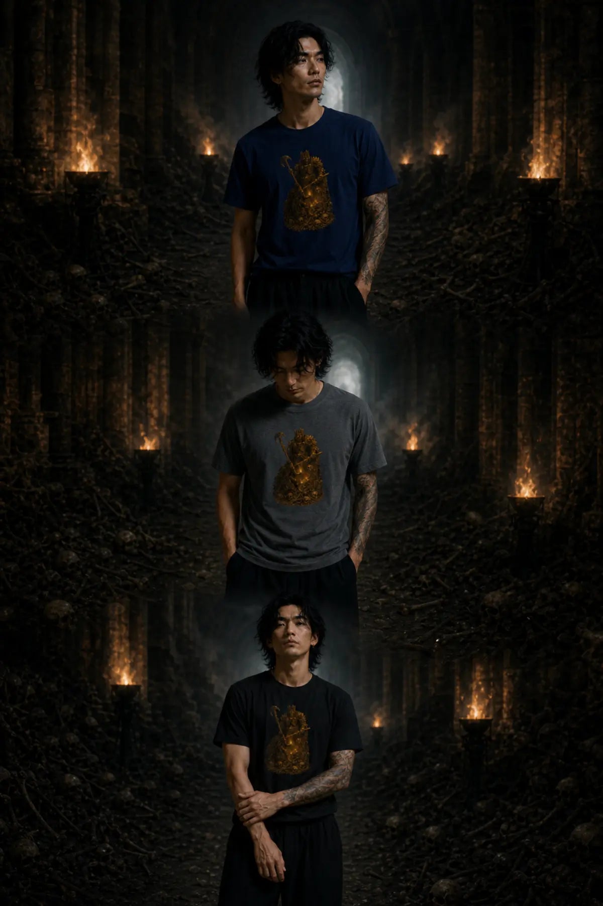 Three‑panel collage of a person wearing a souls‑like dark fantasy tee in a torch‑lit stone corridor with dramatic shadows and ancient atmosphere