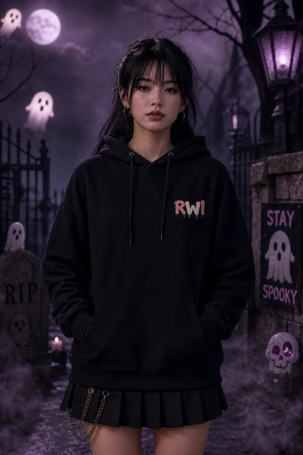 Person in black hoodie and pleated skirt standing in eerie graveyard scene with moon, lantern glow, tombstones and floating ghosts