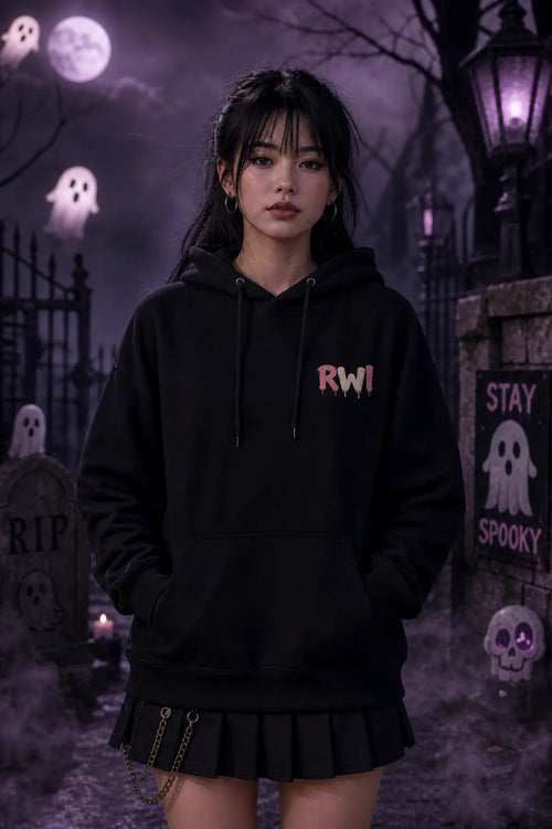 Person in black hoodie and pleated skirt standing in eerie graveyard scene with moon, lantern glow, tombstones and floating ghosts