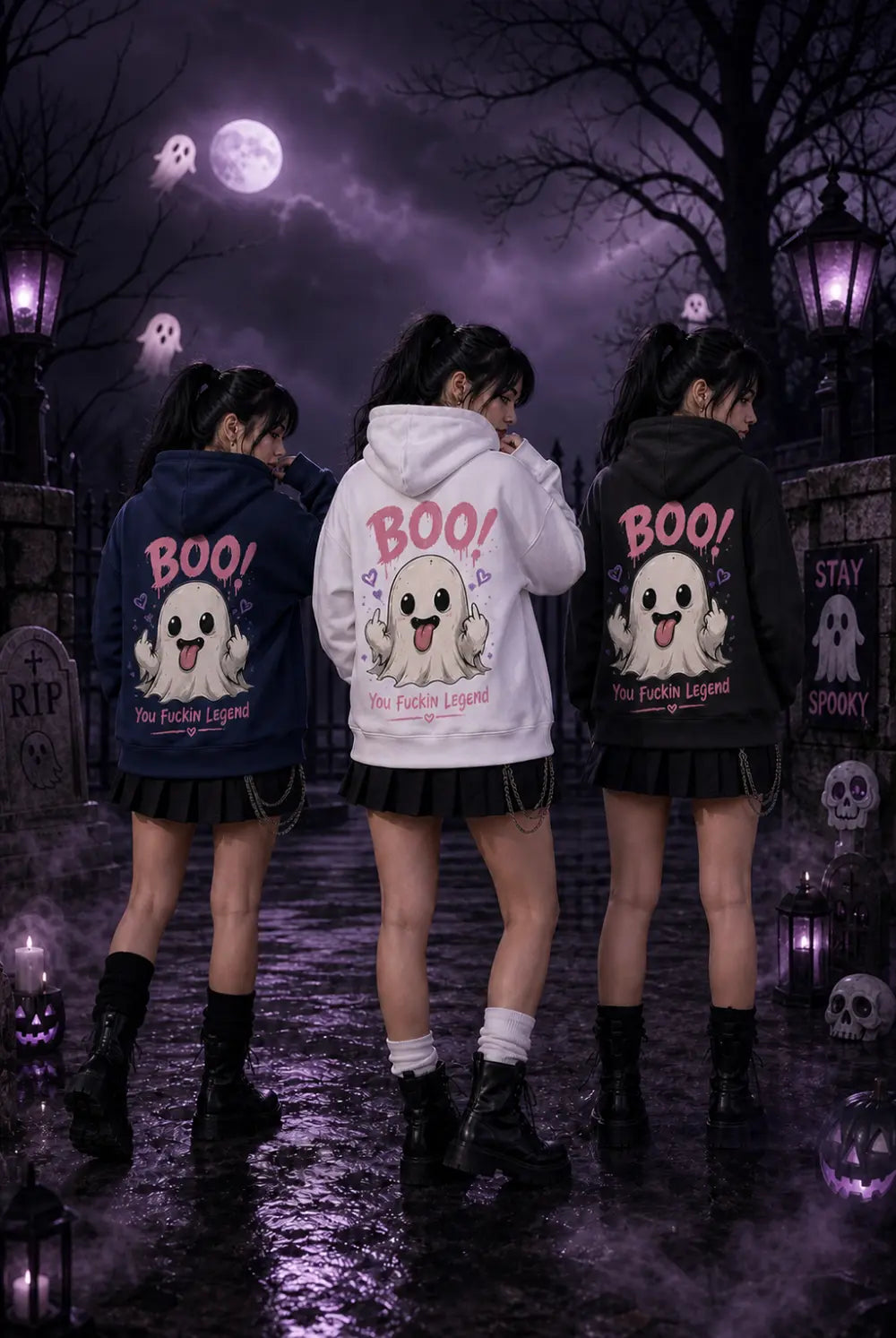 Three people in graveyard scene wearing ghost‑print hoodies, standing amid moonlight, lantern glow, tombstones and floating ghosts
