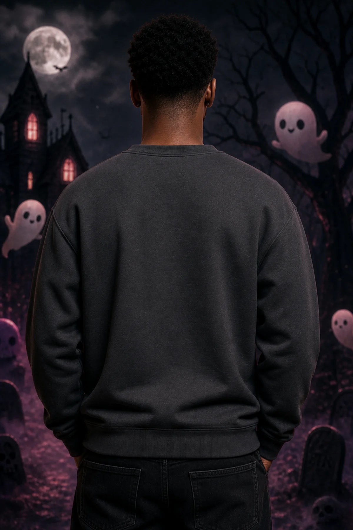 Person facing away in dark outfit before haunted house scene with full moon, glowing windows, gravestones and floating cartoon ghosts