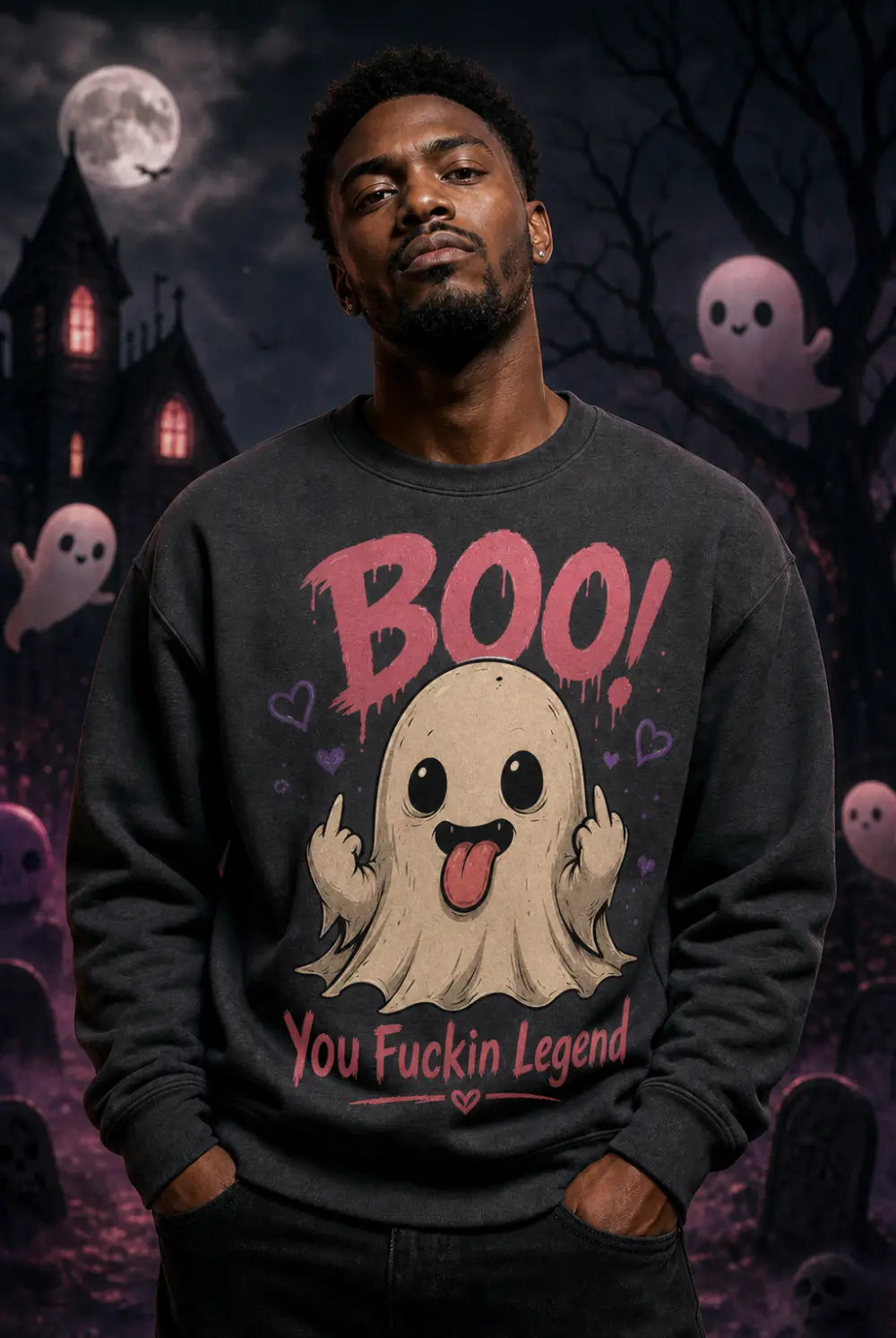 Person in dark sweatshirt with playful ghost graphic standing before haunted house backdrop with moon and floating cartoon ghosts