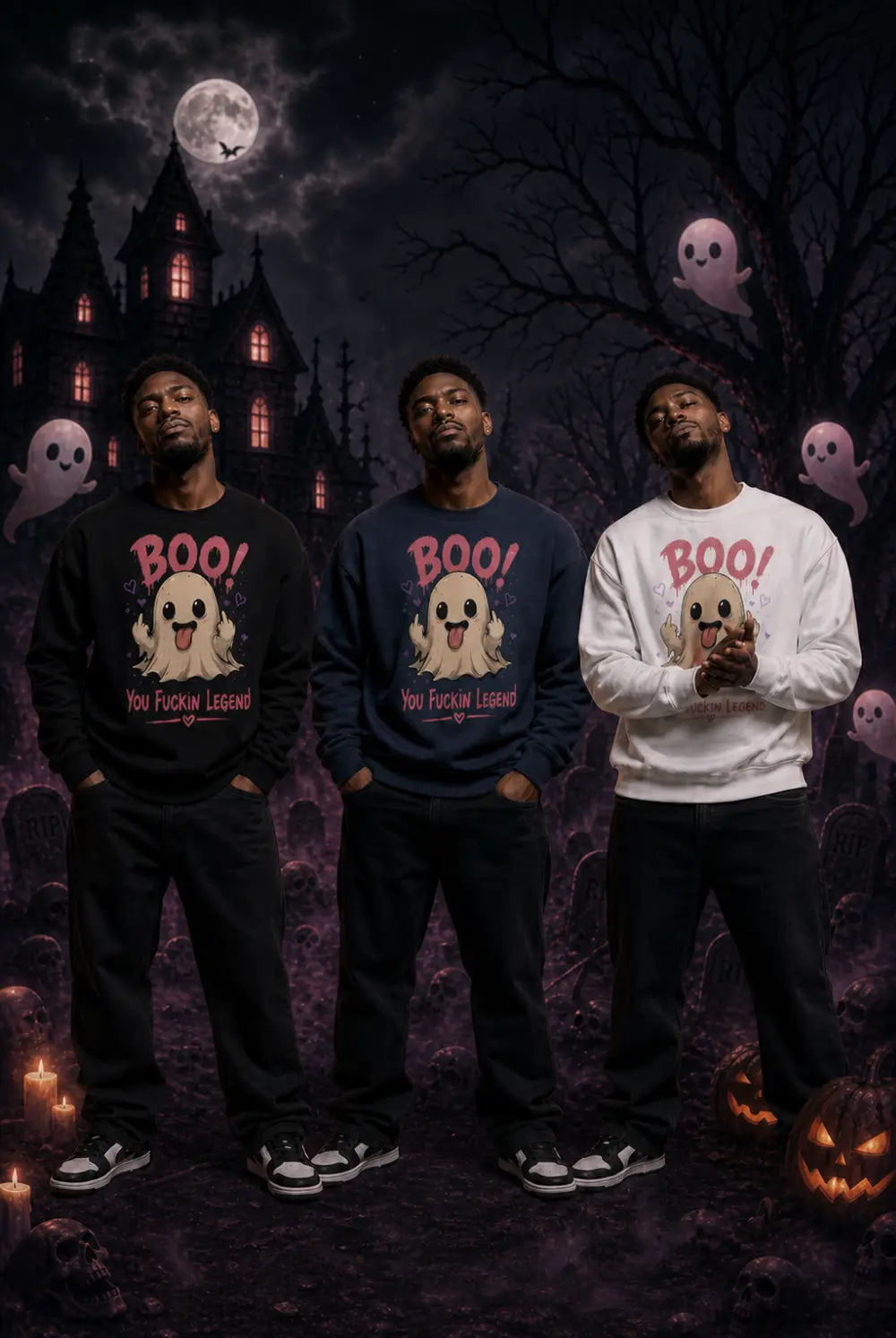 Three people in haunted scene wearing ghost‑print sweatshirts, standing amid pumpkins, gravestones, moonlit sky and floating ghosts