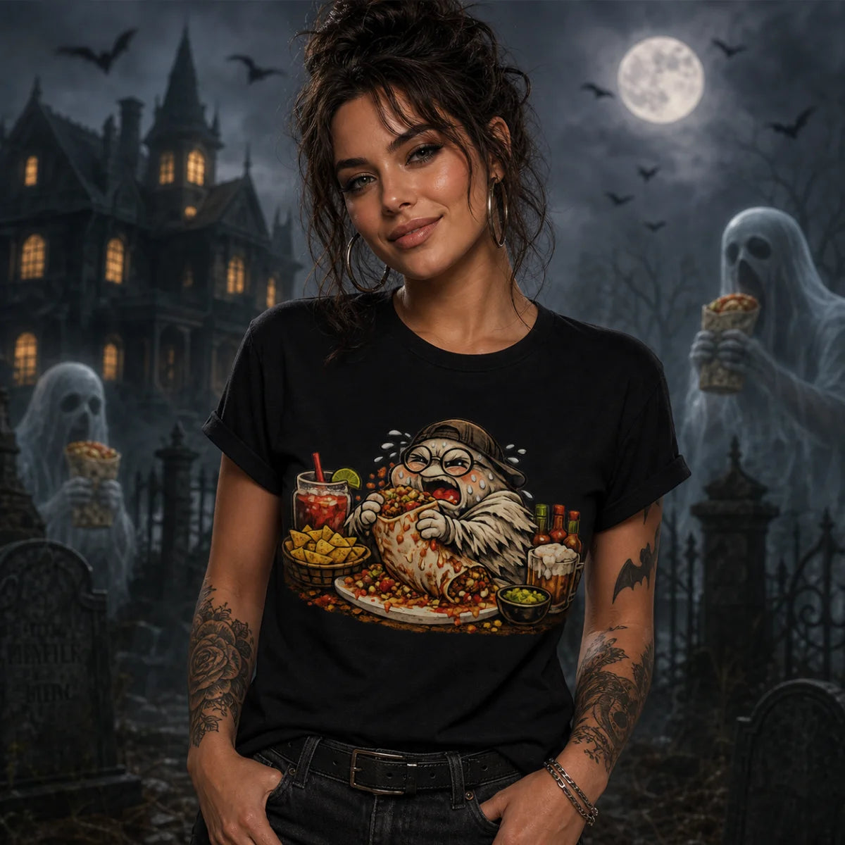 Woman wearing a black tee with a ghost eating a burrito in a graveyard, standing before a spooky moonlit foggy background