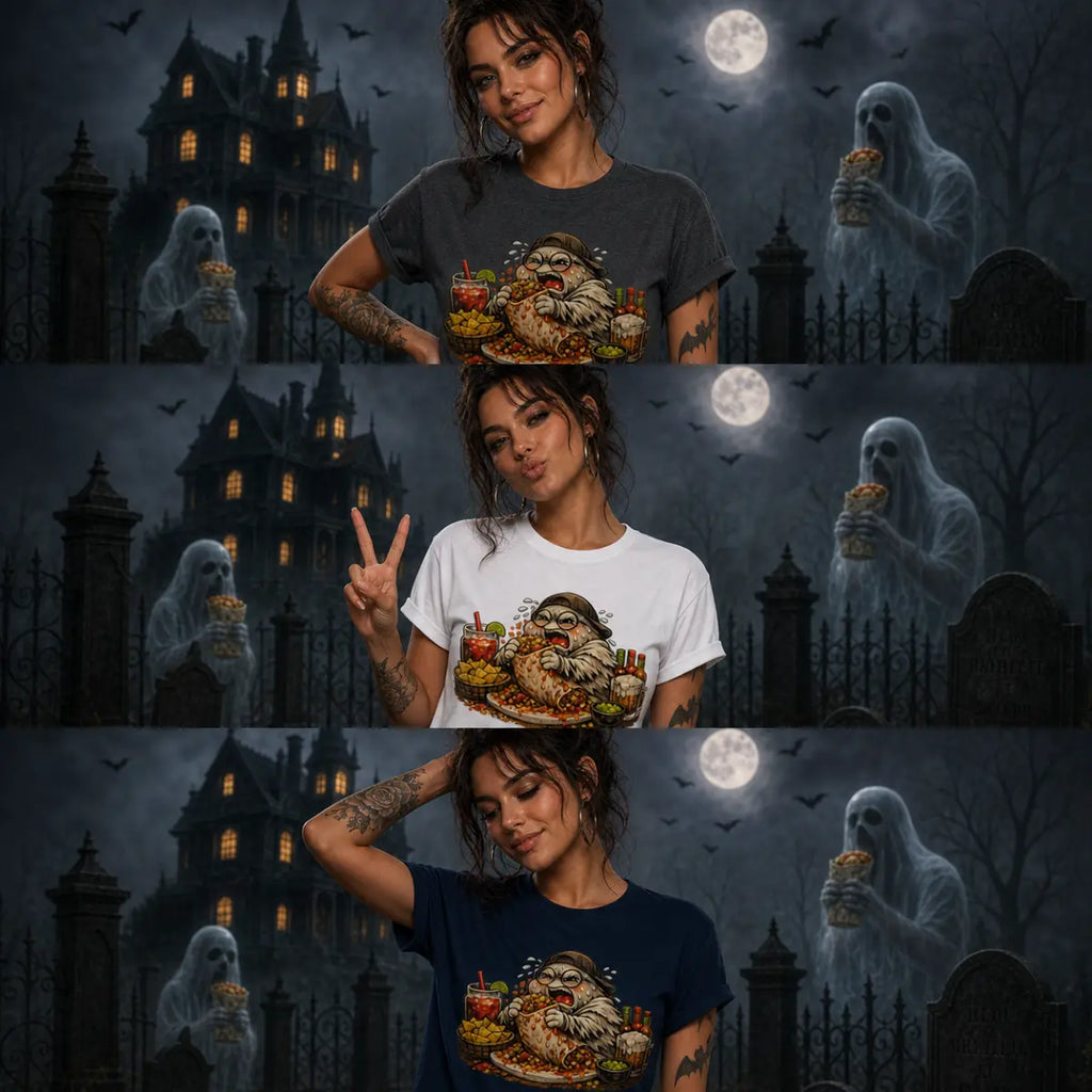 Three photos of a woman modeling Halloween tees before a haunted house, each showing ghosts eating burritos in the scene.