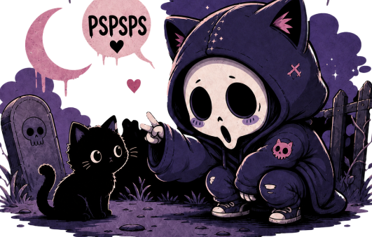 A chibi skull‑faced figure in a cat‑ear hoodie crouches near a black cat under a pink moon saying “PSPSPS.”