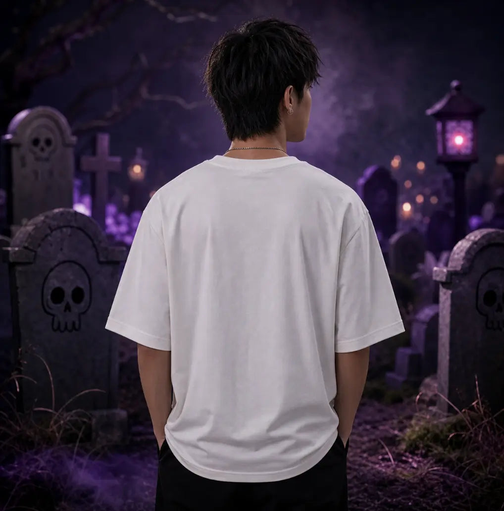 Person facing away in moonlit graveyard wearing white tee, standing amid tombstones, purple lantern glow and eerie misty atmosphere
