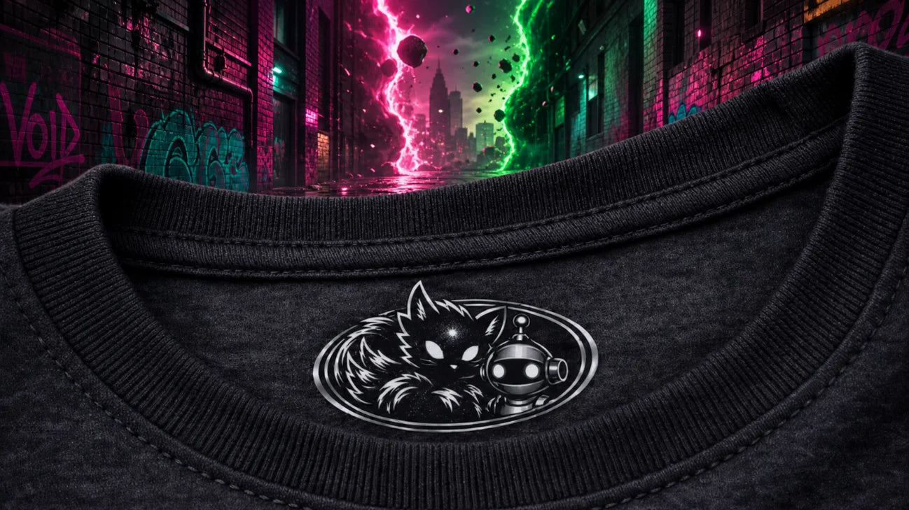 Cat and robot emblem on a dark shirt set before a cosmic rift opening with swirling neon energy splitting the sky in dramatic fashion