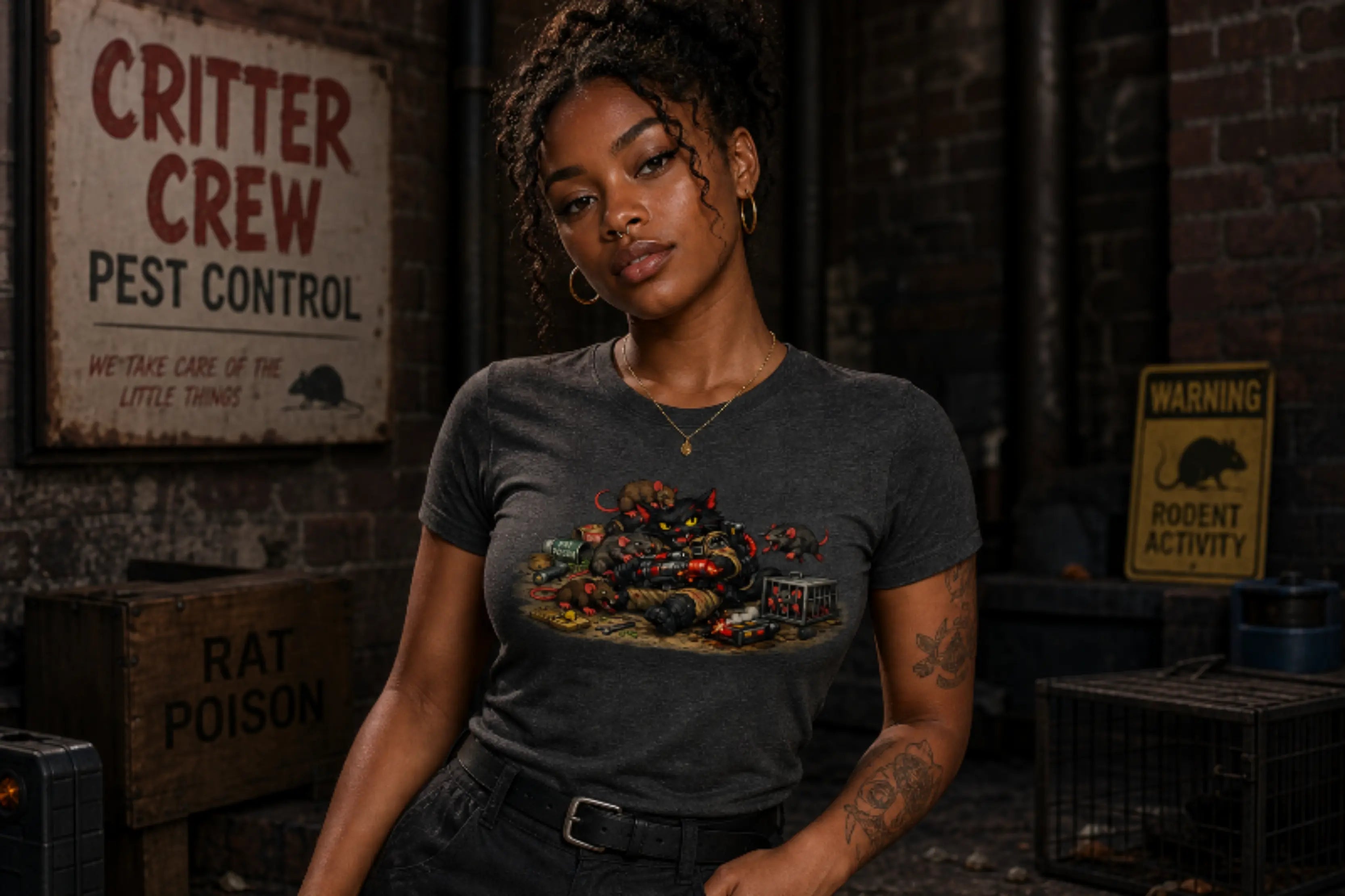 Person wearing a rat and cat fantasy tee standing in a gritty pest‑control basement with warning signs, brick walls and industrial props