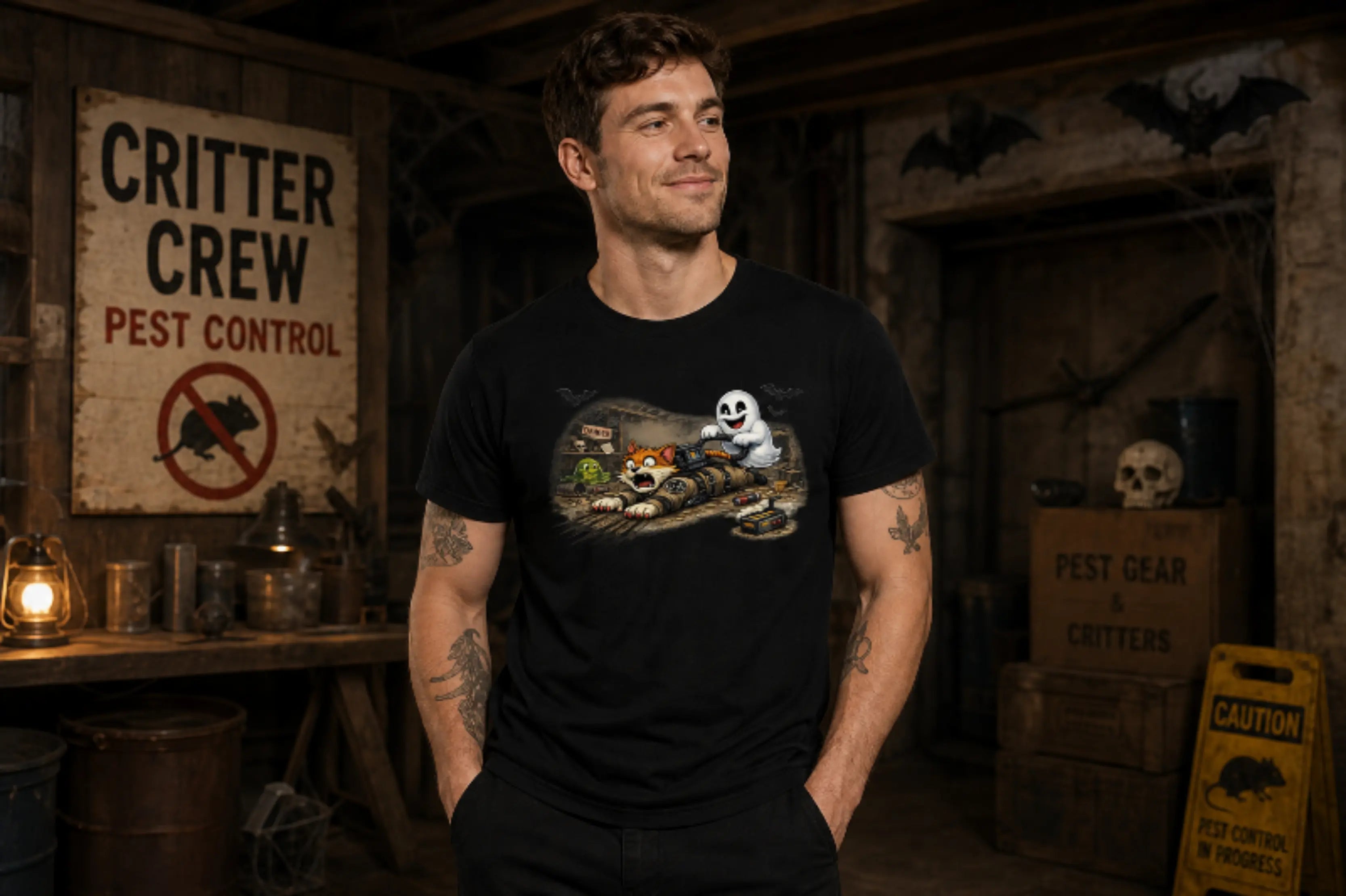 Person wearing a funny ghost and cat tee standing in a rustic pest‑control workshop with lanterns, warning signs and spooky props