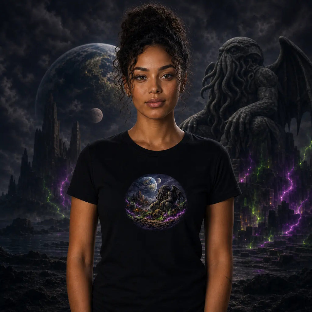 Person wearing dark‑fantasy shirt before cosmic ruins with winged tentacled creature towering over Earth and its moon