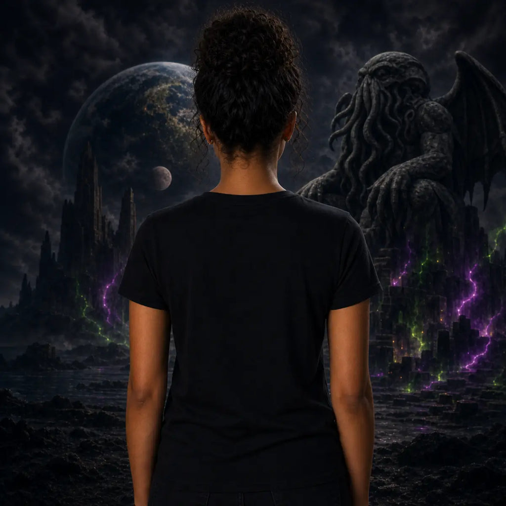 Person facing cosmic ruins as massive winged tentacled creature looms above Earth and its moon in dark‑fantasy scene