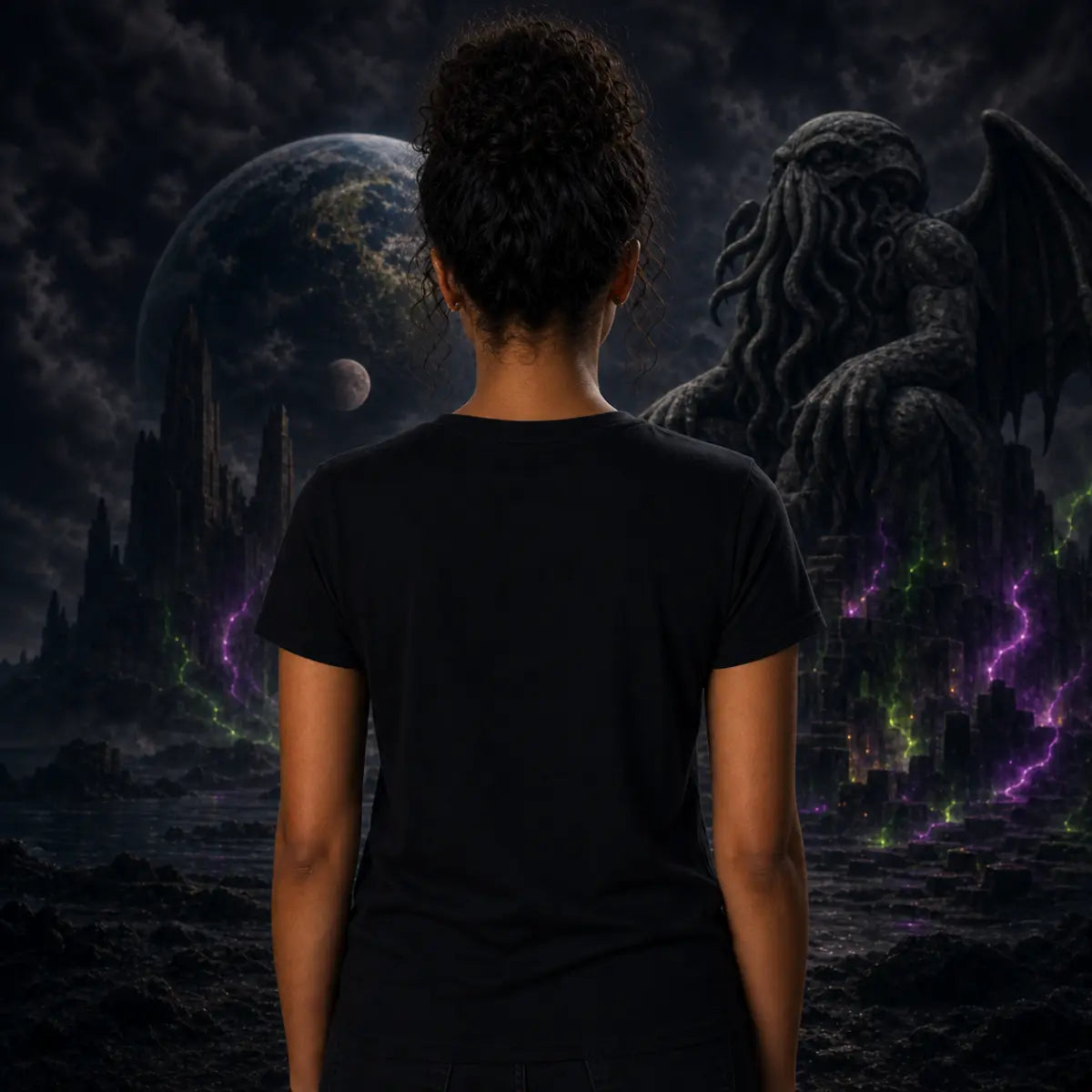 Person facing cosmic ruins as massive winged tentacled creature looms above Earth and its moon in dark‑fantasy scene
