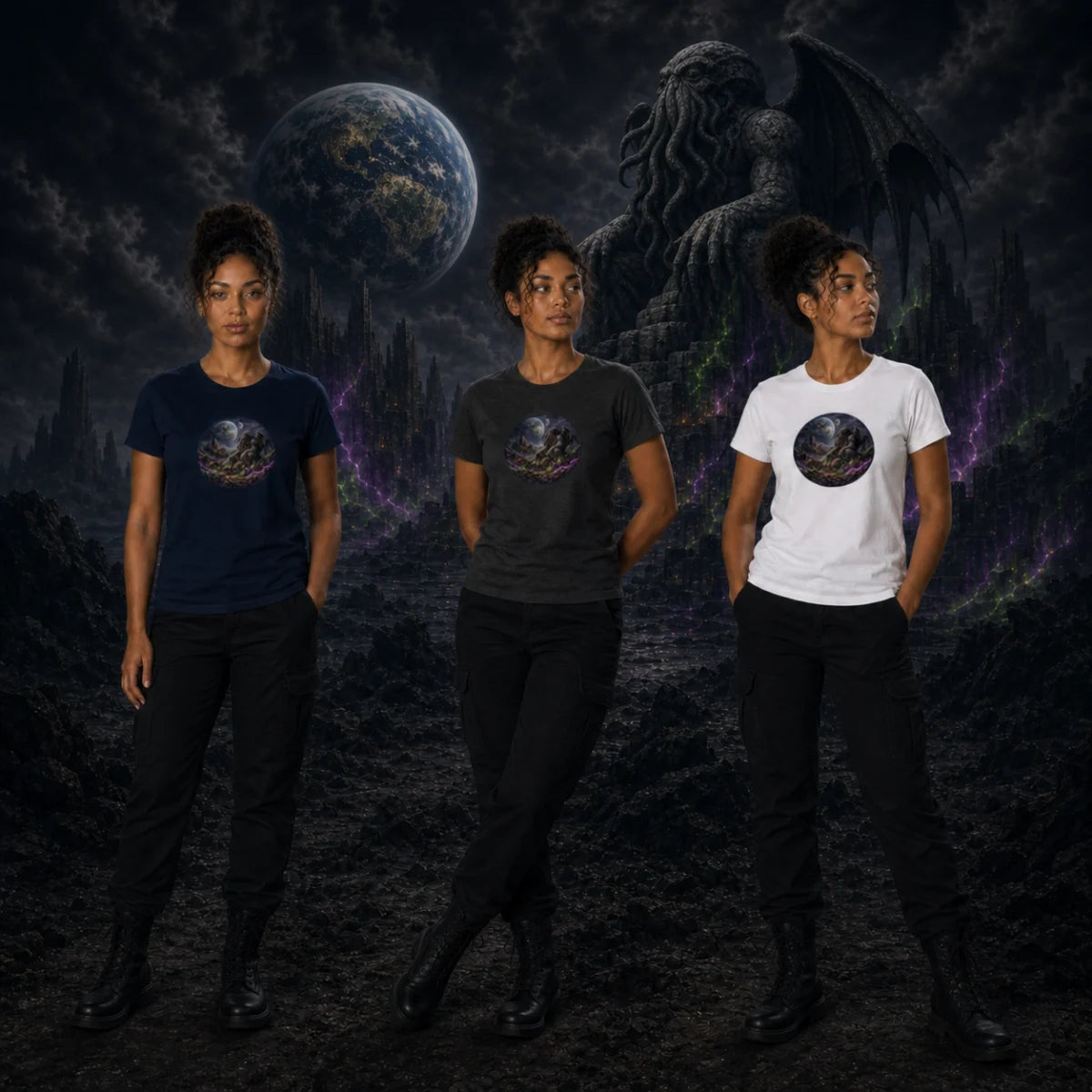 Three models in dark‑fantasy scene wearing navy, grey, and white tees featuring winged tentacled cosmic creature artwork