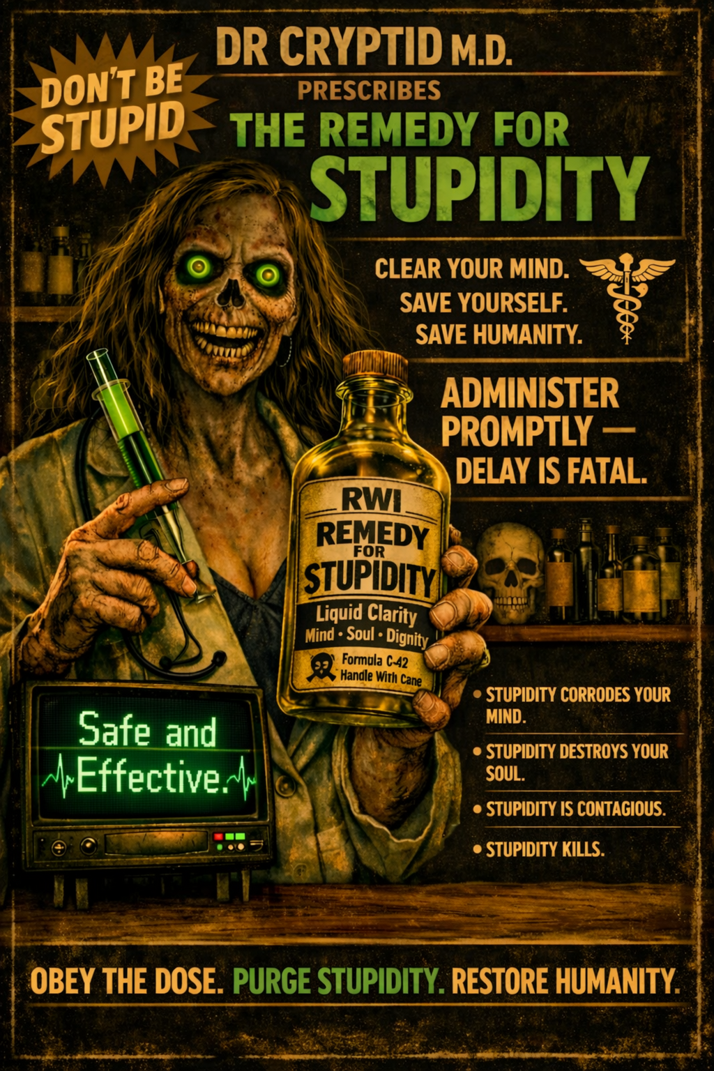 Dr Cryptid’s Remedy for Stupidity Framed Poster | Dark Fantasy Wall Art | Dark Mythic Print