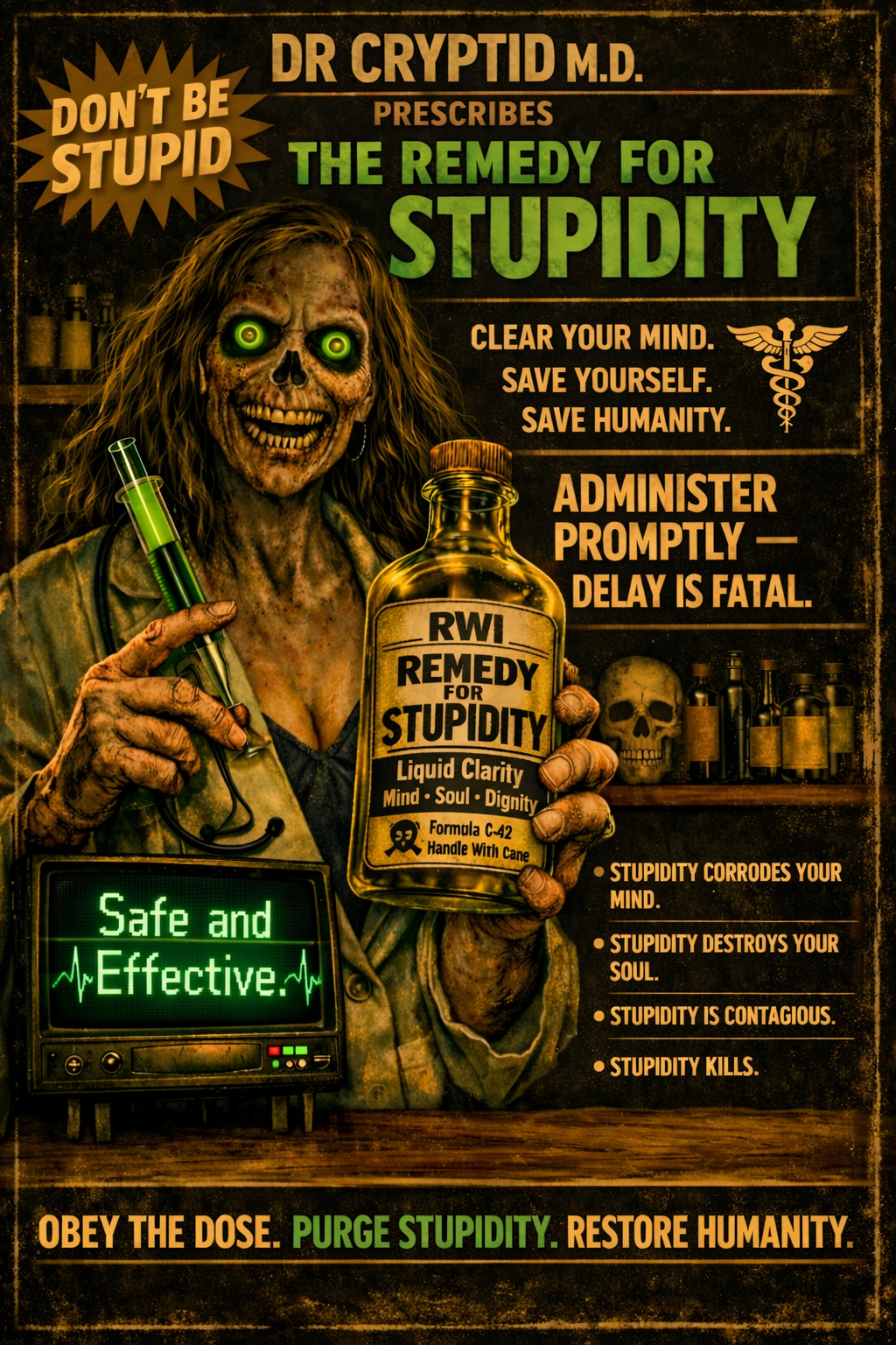 Dr Cryptid’s Remedy for Stupidity Framed Poster | Dark Fantasy Wall Art | Dark Mythic Print