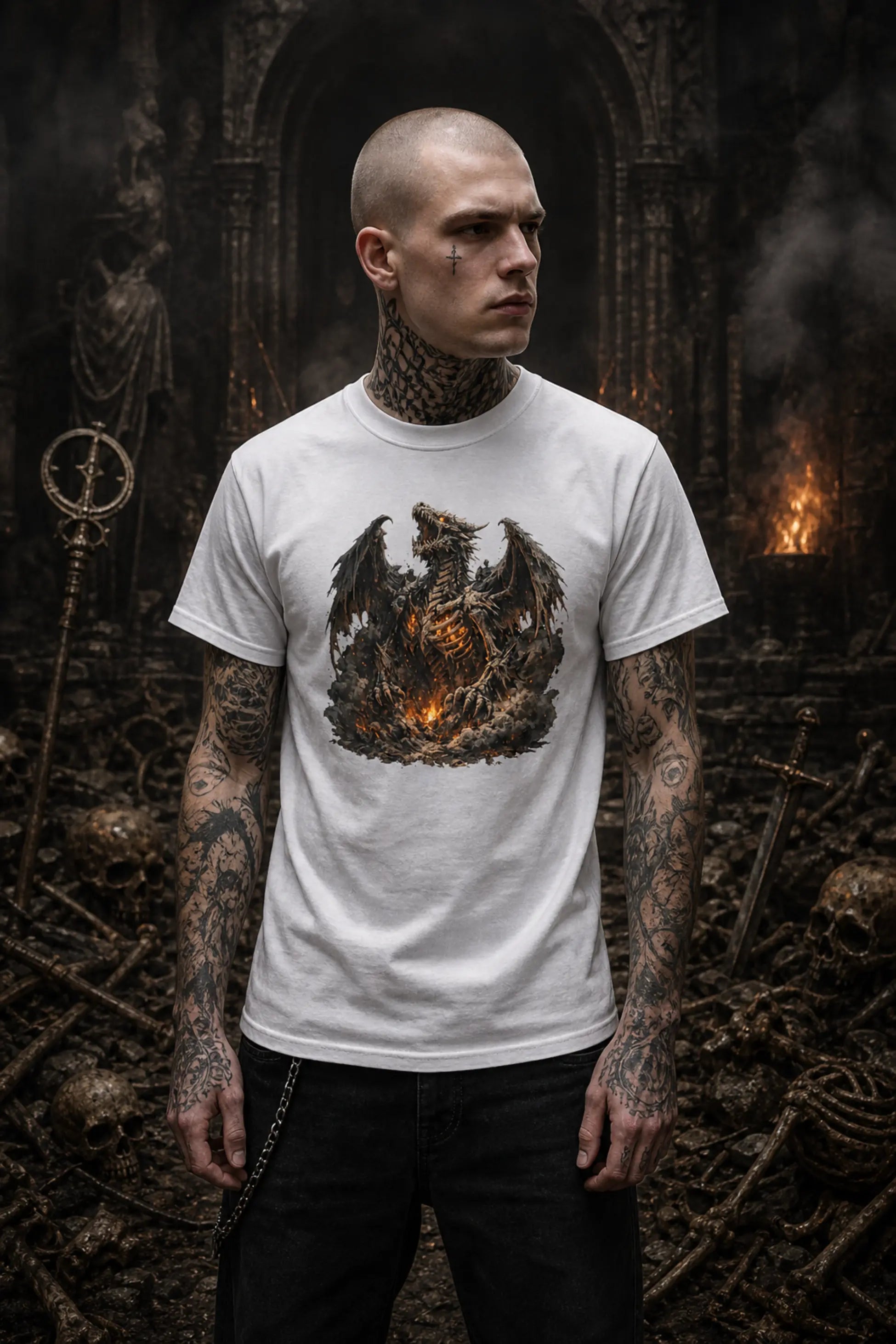 Tattooed man in white winged‑creature graphic T‑shirt standing before dark gothic stone archway in moody flame‑lit setting