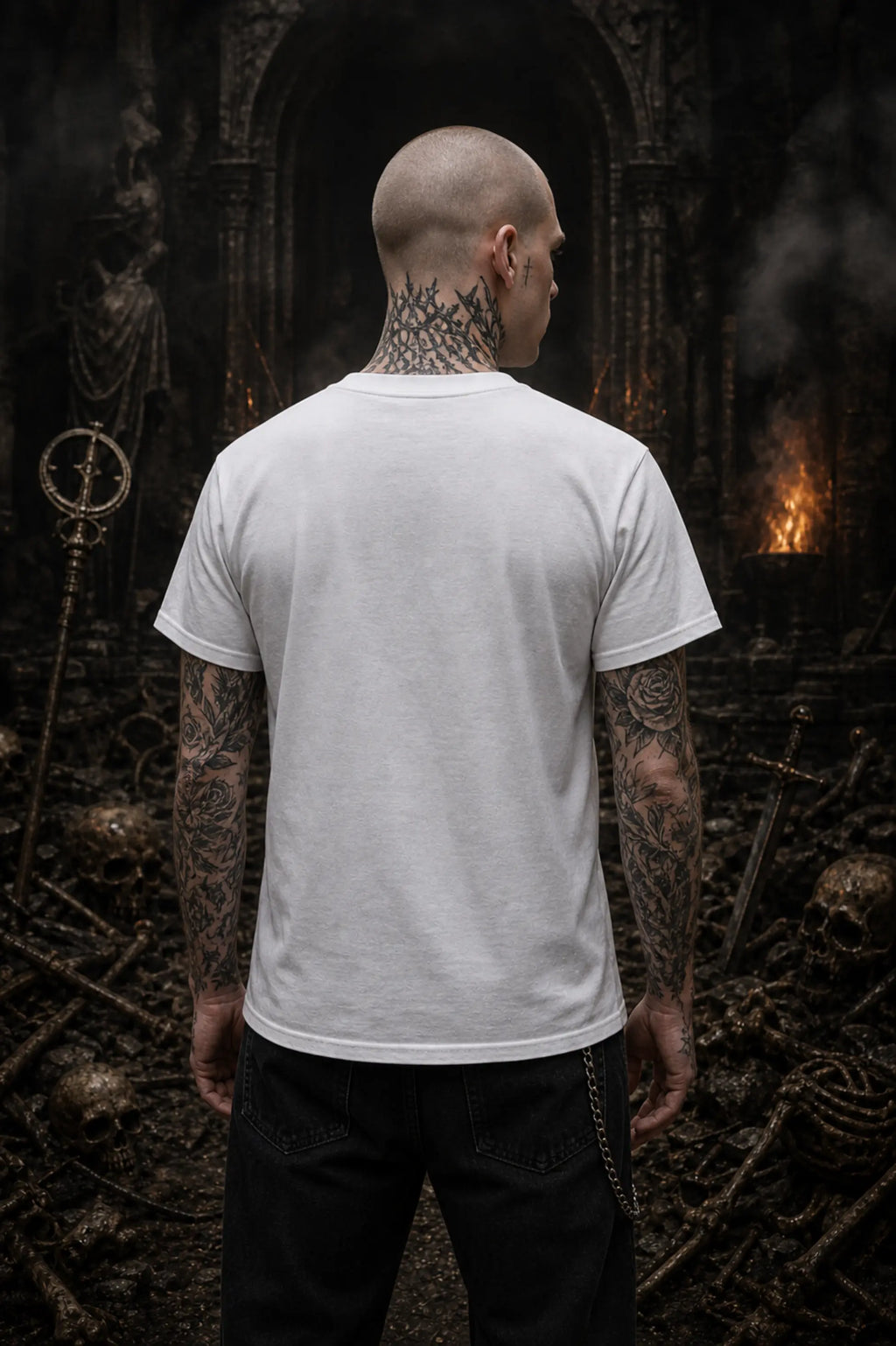 Tattooed man seen from behind in dark smoky gothic setting wearing plain white crew‑neck T‑shirt and black pants