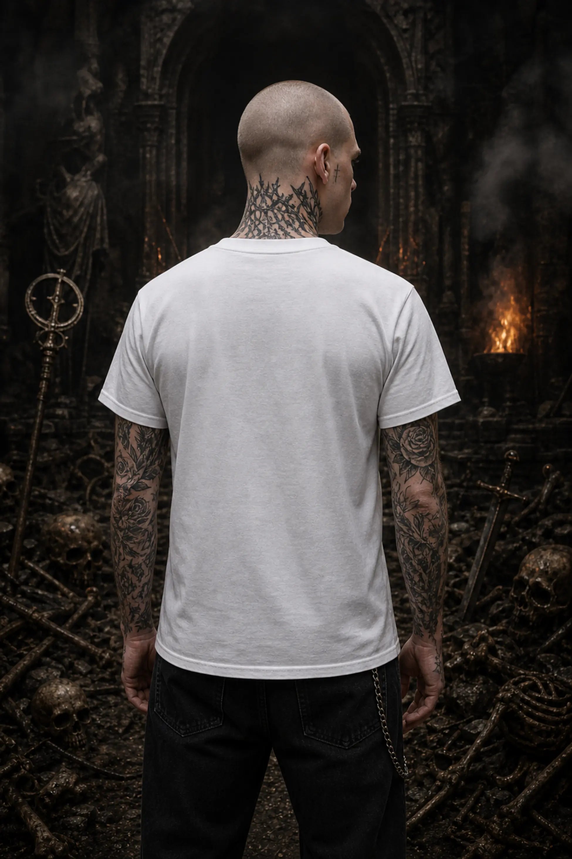 Tattooed man seen from behind in dark smoky gothic setting wearing plain white crew‑neck T‑shirt and black pants