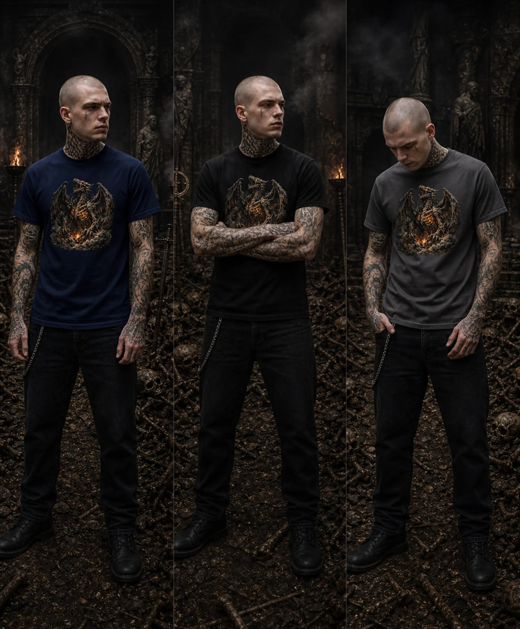 Three views of tattooed man wearing black dragon‑graphic T‑shirt against dark atmospheric stone backdrop in moody gothic setting