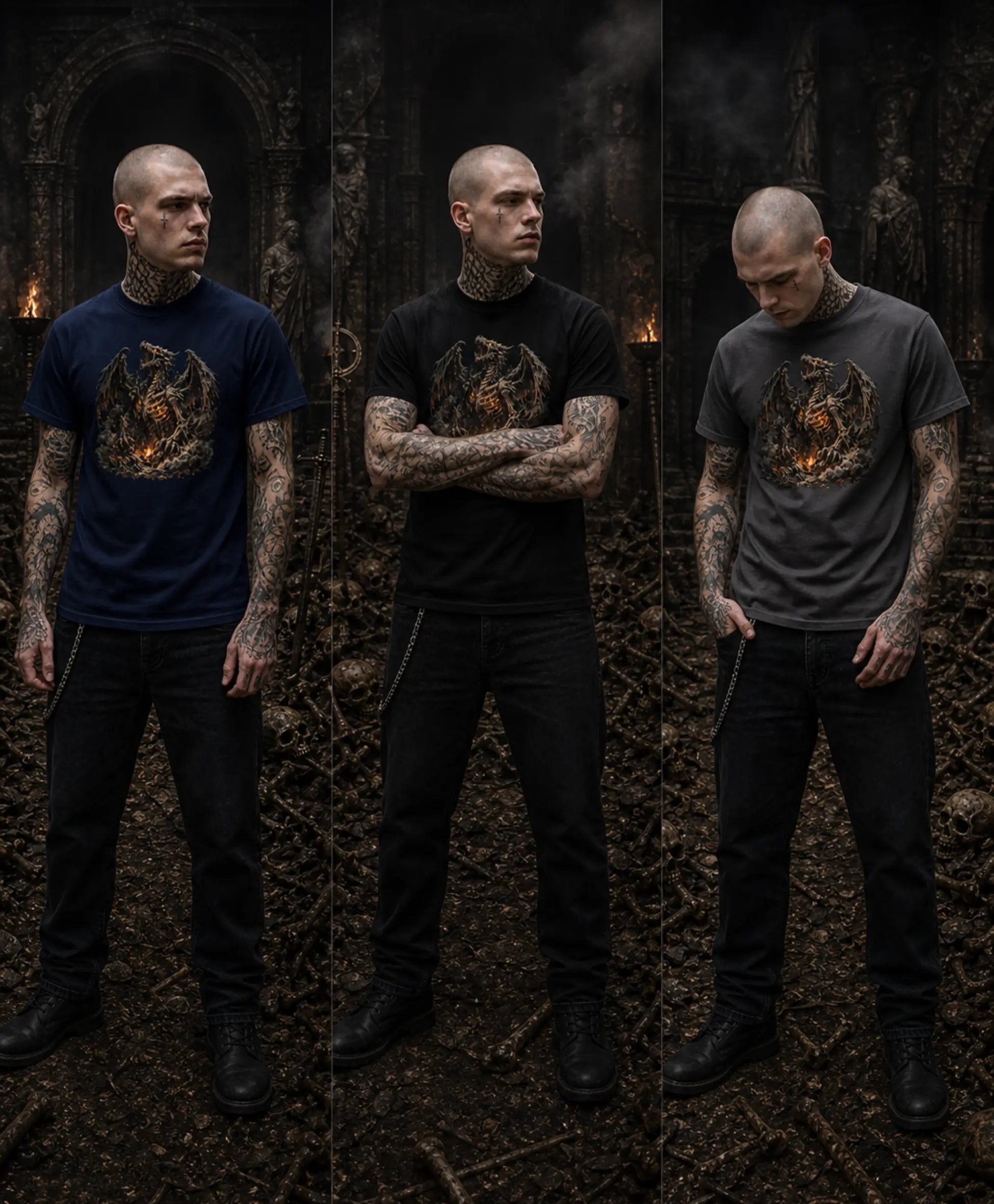 Three views of tattooed man wearing black dragon‑graphic T‑shirt against dark atmospheric stone backdrop in moody gothic setting