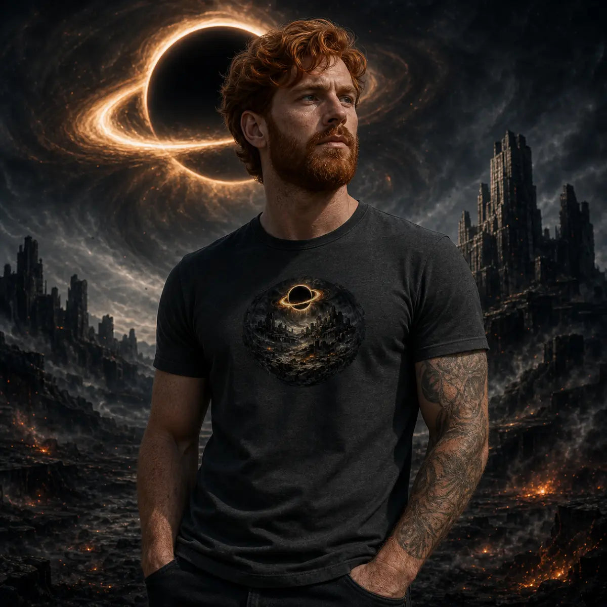 Man with red hair and beard in dark gray tee featuring black hole graphic before ringed cosmic black hole and ruined sci‑fi landscape.