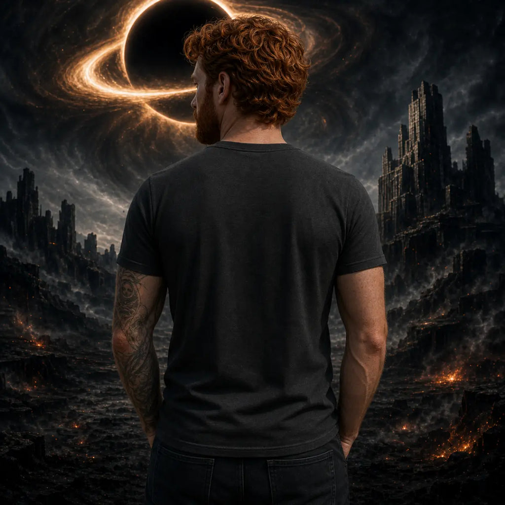 Man with curly red hair and beard in dark tee standing before towering dark ruins under a glowing ringed cosmic black hole.