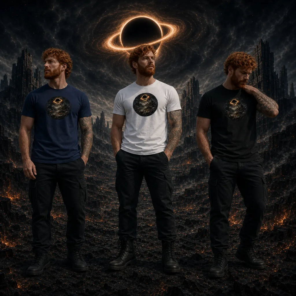 Same model in white, navy, and black tees with matching circular graphic standing in a dark landscape beneath a glowing cosmic black hole.