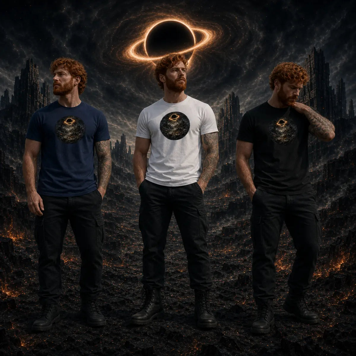 Same model in white, navy, and black tees with matching circular graphic standing in a dark landscape beneath a glowing cosmic black hole.