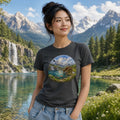 Person in dark gray tee standing by lake with mountains and waterfall, wearing colorful deer‑and‑nature circular graphic.