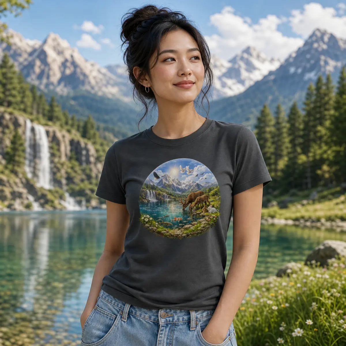 Person in dark gray tee standing by lake with mountains and waterfall, wearing colorful deer‑and‑nature circular graphic.